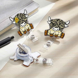 Personalized Highland Cow Badge Retractable Acrylic Badge Reel ID Clip Gift for Highland Cow Lovers