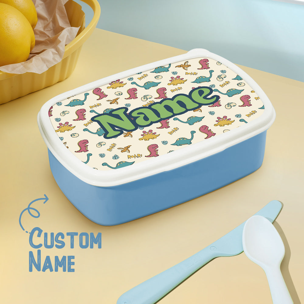 Personalised cute dinosaur print lunch box with name on lid – colourful kids school lunch box, ideal birthday gift