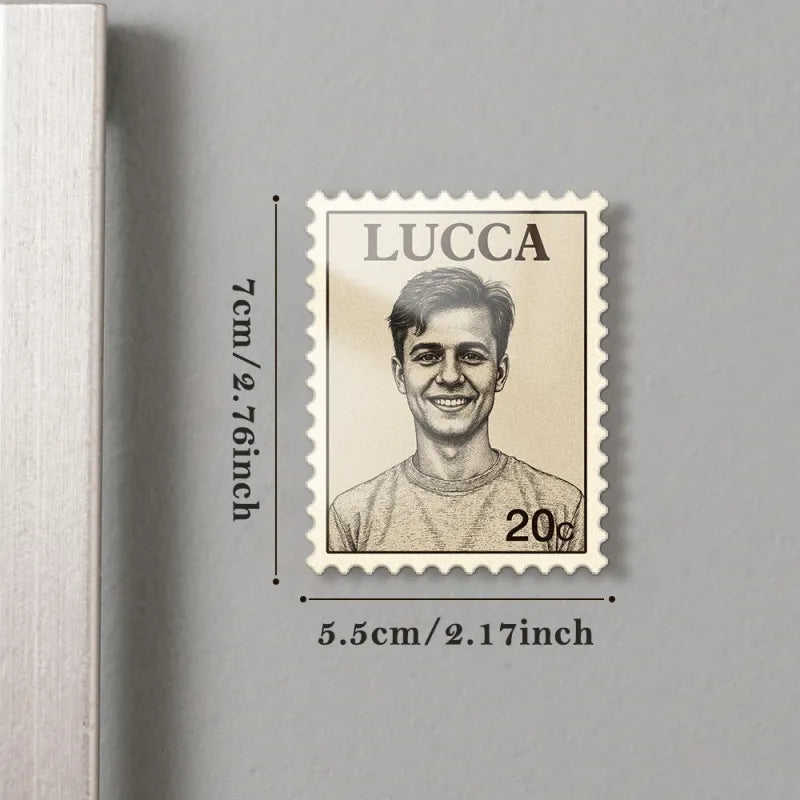 Magnet displayed on a metal surface; a custom portrait with postage-stamp styling makes a personalised photo gift.