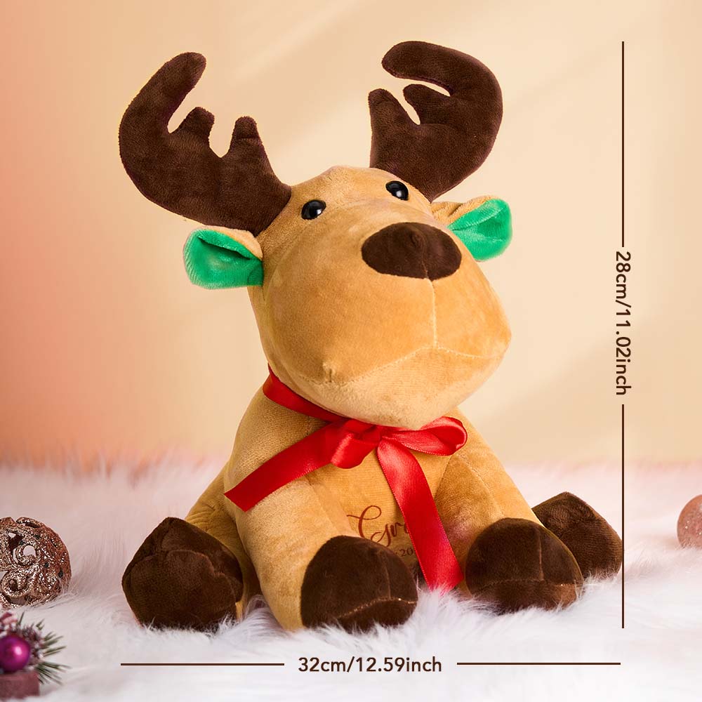 Detail of custom text personalisation on moose plush — add a name, date or short message for a unique newborn keepsake or baby shower present