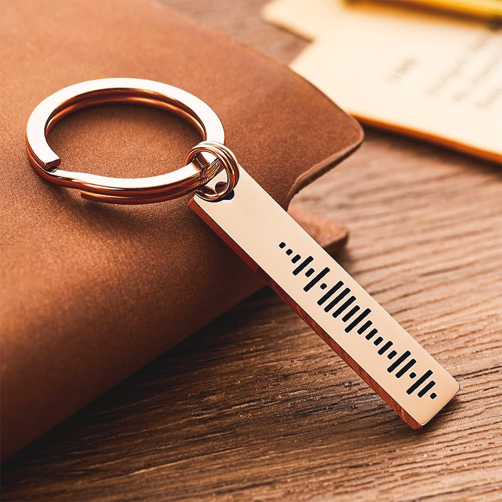 Matte black engraved music code bar keyring personalised with song and message – scannable Spotify song keyring on a sturdy loop