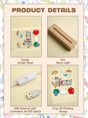 Custom Engraved Back to School Transparent Night Light with Stationery Design White Light Teacher's Day Gift