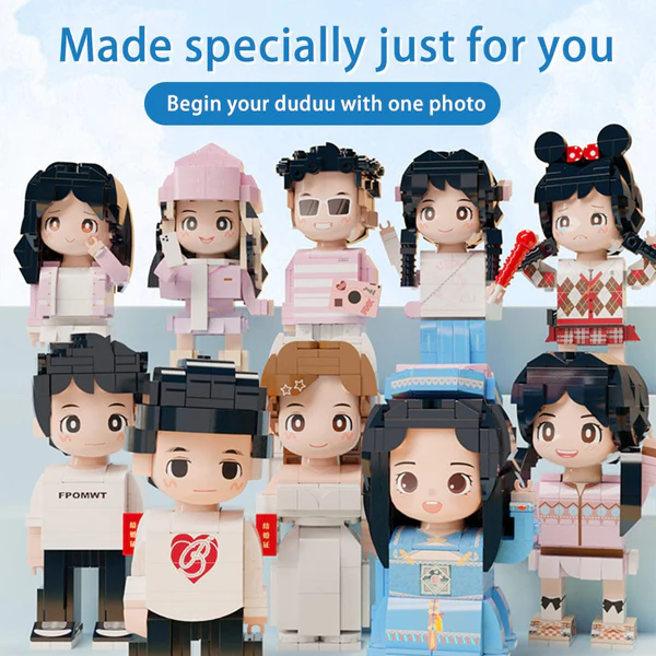 Side view of personalised Duddu brick figure showing hairstyle and accessory approximation — handmade from ABS eco‑friendly bricks, bespoke keepsake