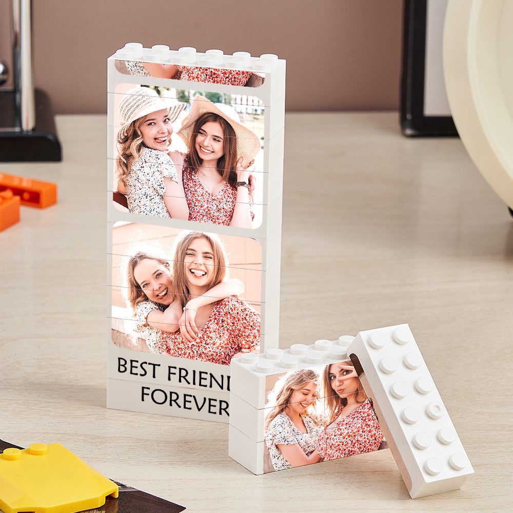 Disassembled custom brick picture pieces laid out to show easy assembly of personalised photo building block puzzle