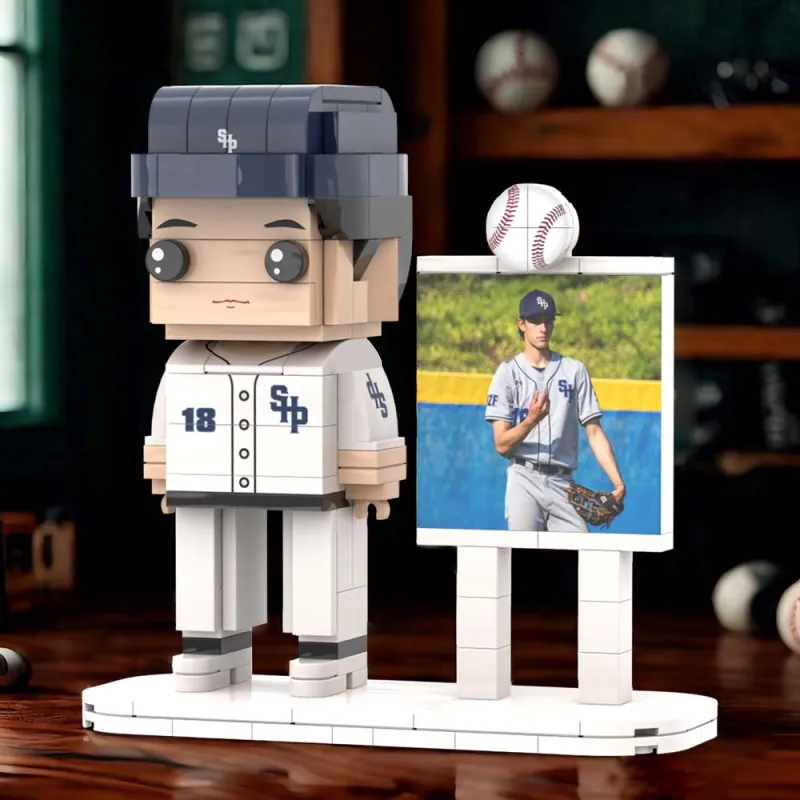 Side view of personalised baseball brick figure showing custom hairstyle and clothing — ideal personalised photo gift for baseball fans