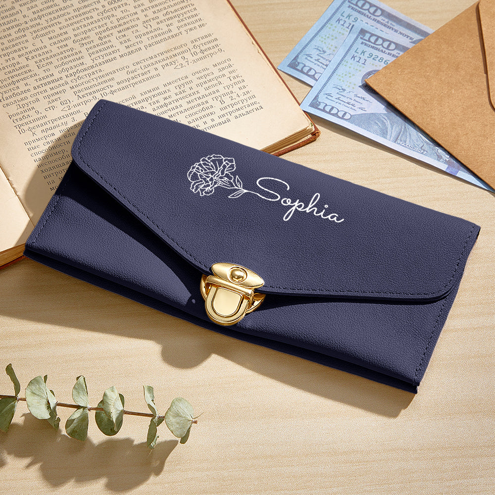 Wallet shown with coins and cards to demonstrate secure pocket and clasp lock – practical personalised purse