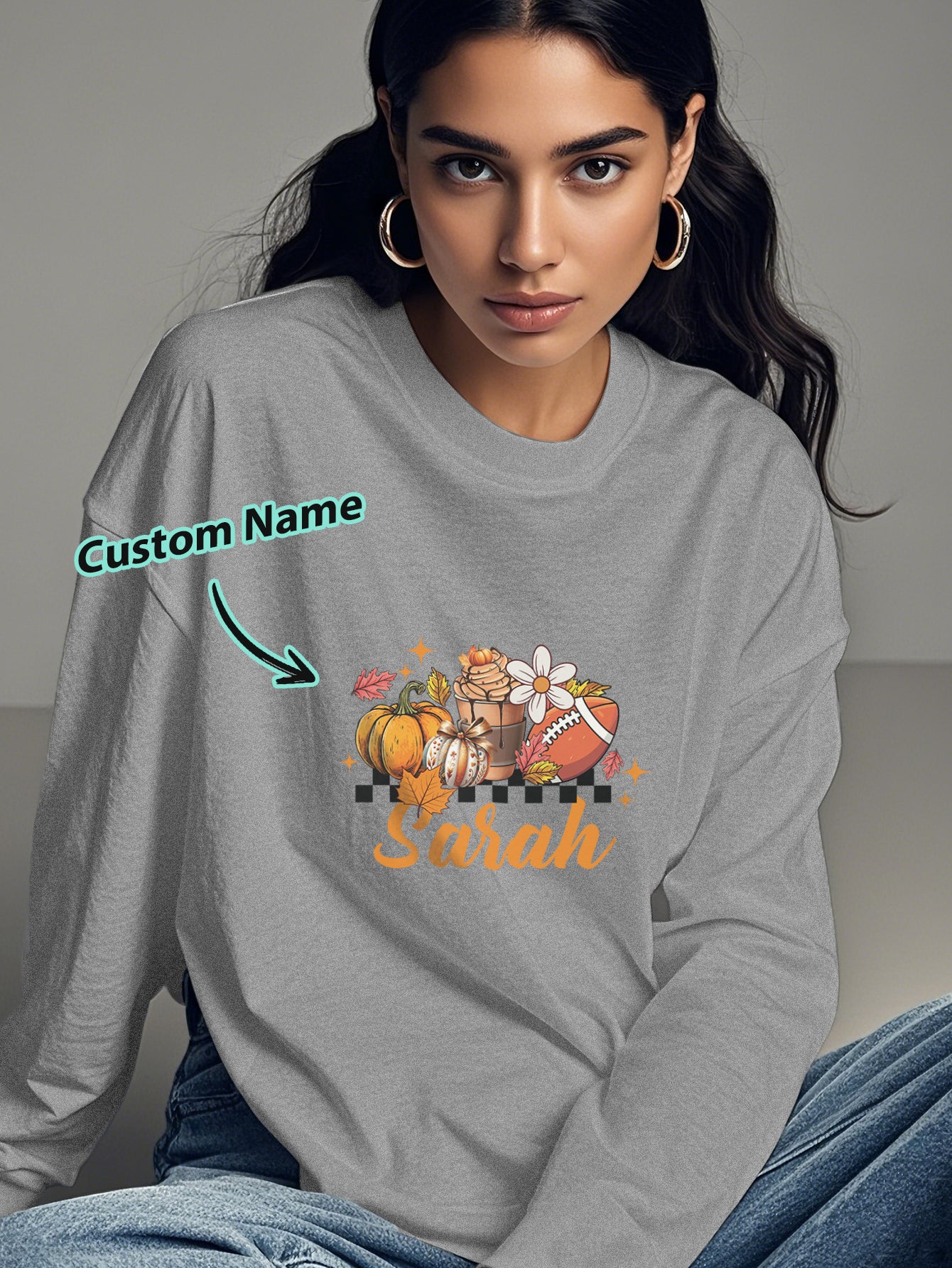 Examples of custom engraved text on personalised Halloween long-sleeve T-shirts showcasing custom name options