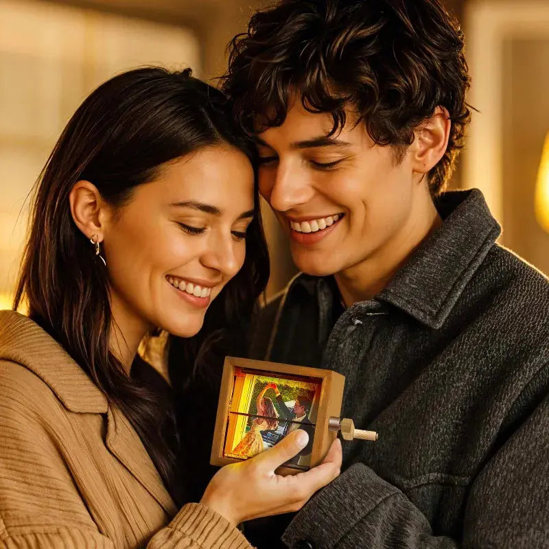 Close‑up of printed flip frames displaying personalised text and photos for a smooth hand‑cranked animation and unique gift