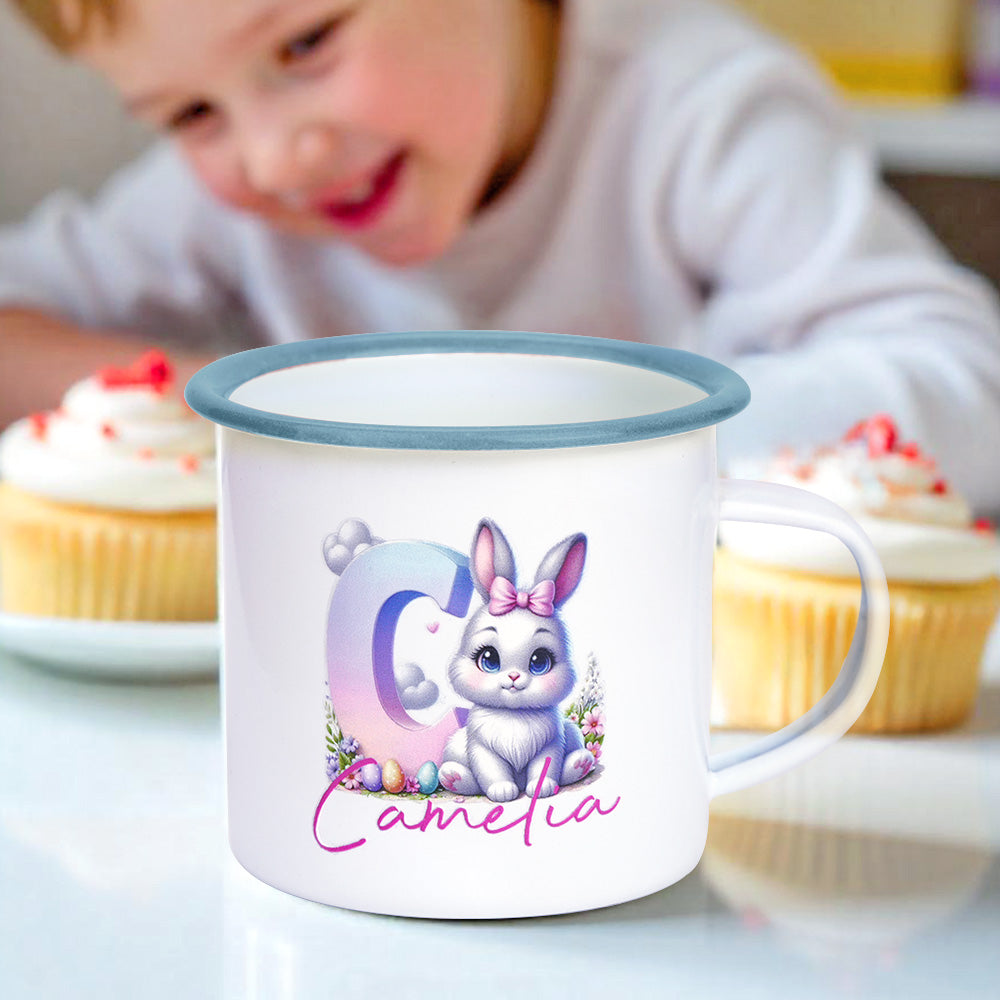 Close-up of gradient initial design on personalised bunny enamel mug — vibrant baked-on print for long-lasting colour