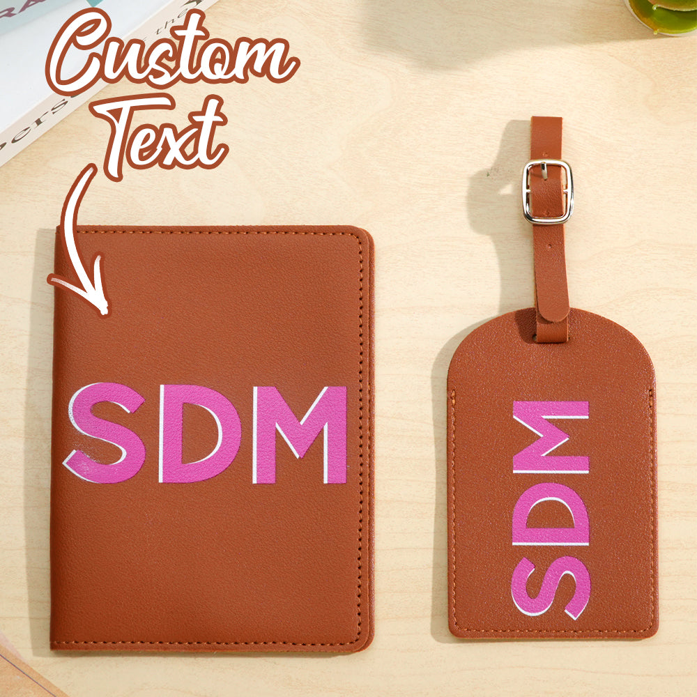 Luggage tag and passport holder gift-wrapped for bridal party — personalised shadow monogram wedding party gifts