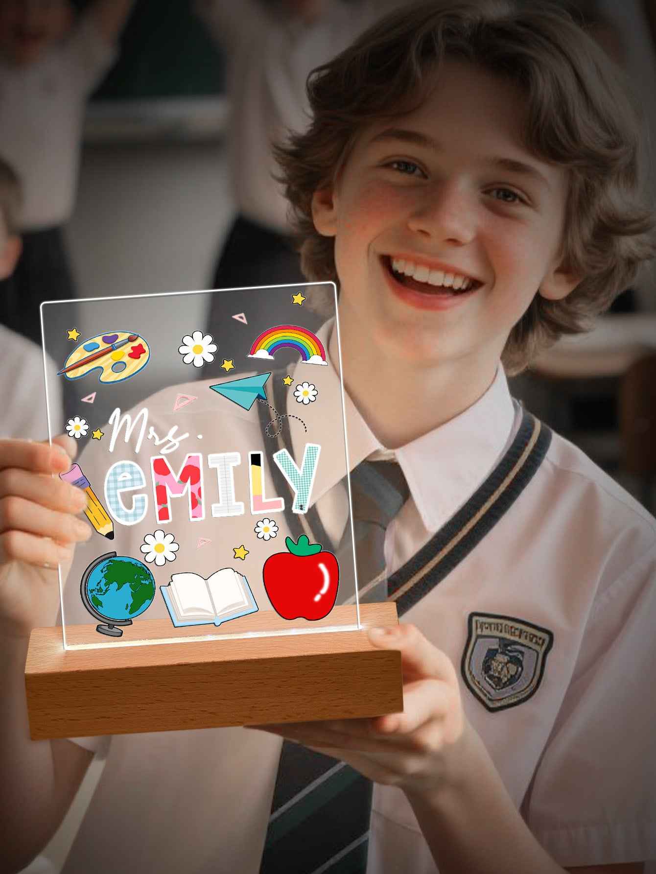 Custom Engraved Back to School Transparent Night Light with Stationery Design White Light Teacher's Day Gift