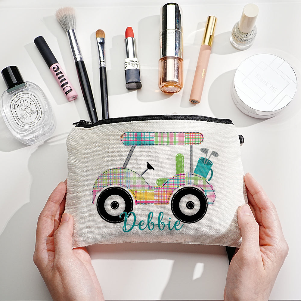 Personalised golf cart makeup bag — custom name canvas cosmetic pouch front view, compact 22.5 × 15 cm travel toiletry pouch