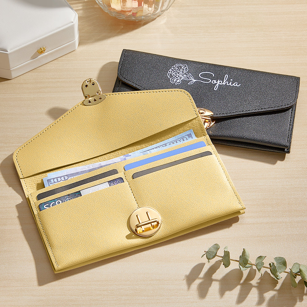 Side profile of personalised wallet emphasising slim, lightweight design that slips into handbags