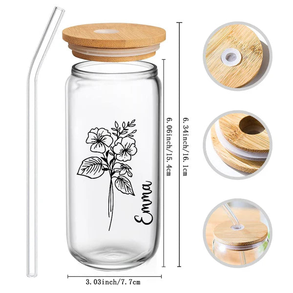 Personalised Name Glass Can with Birth Flower - Custom Gift for Mum, Friends & Bridesmaids