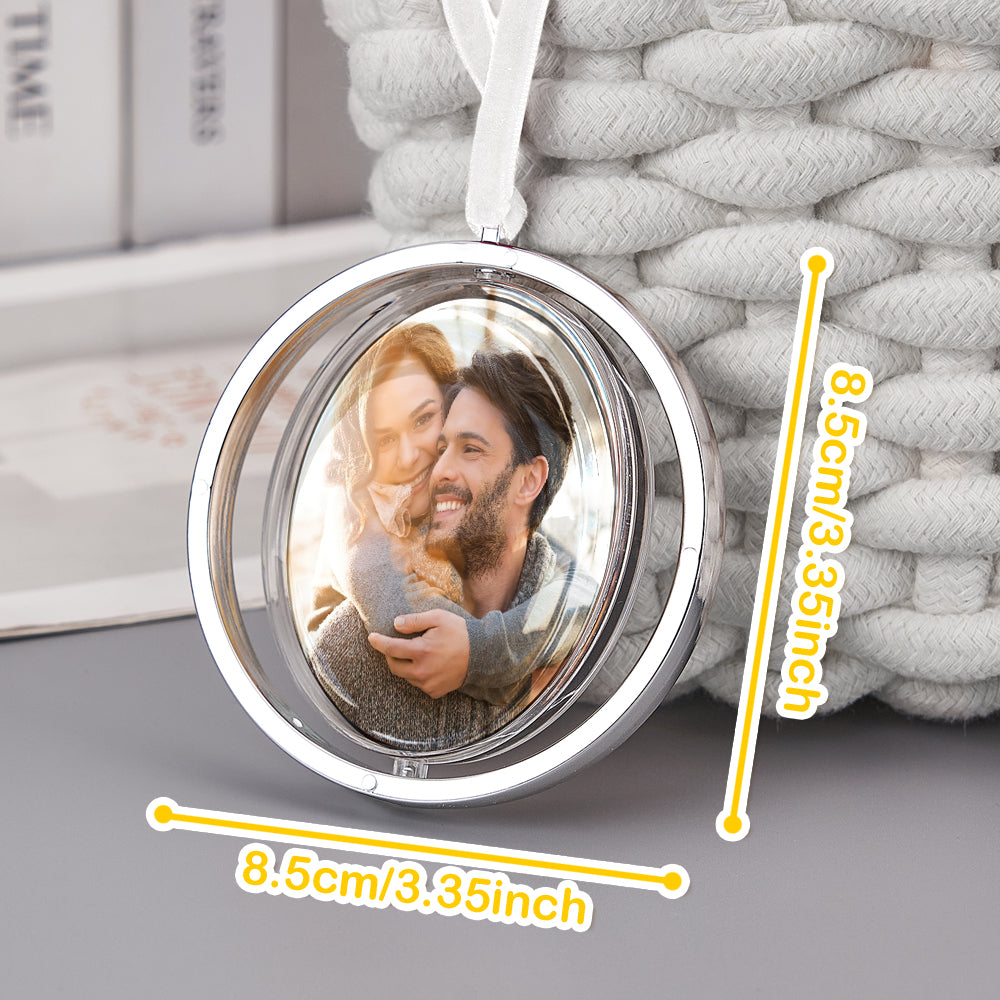 Lifestyle shot of the personalised photo rotation ornament in a car interior during travel.