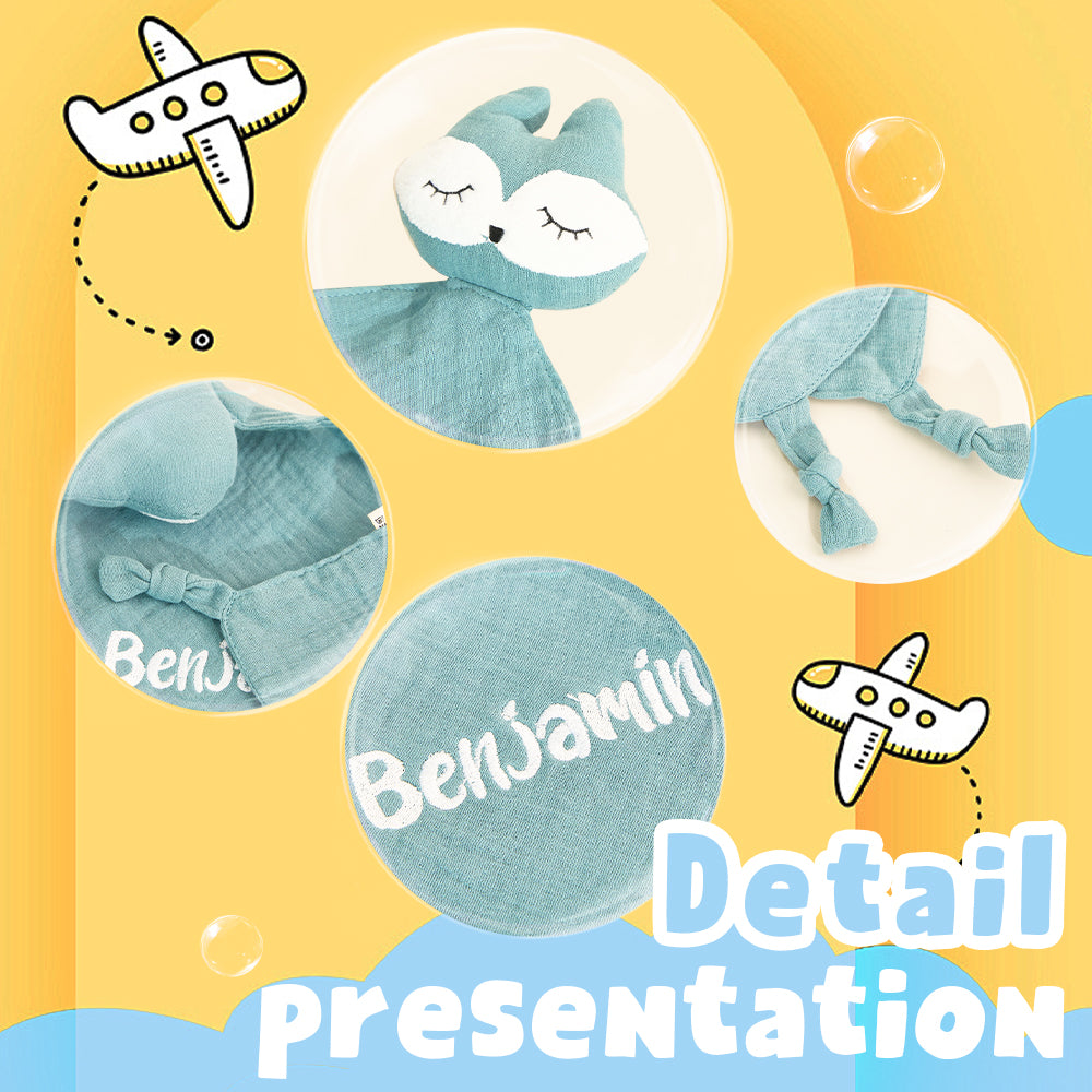Folded personalised comfort towel displaying plush premium cotton and compact 24cm square size — perfect travel comforter for infants