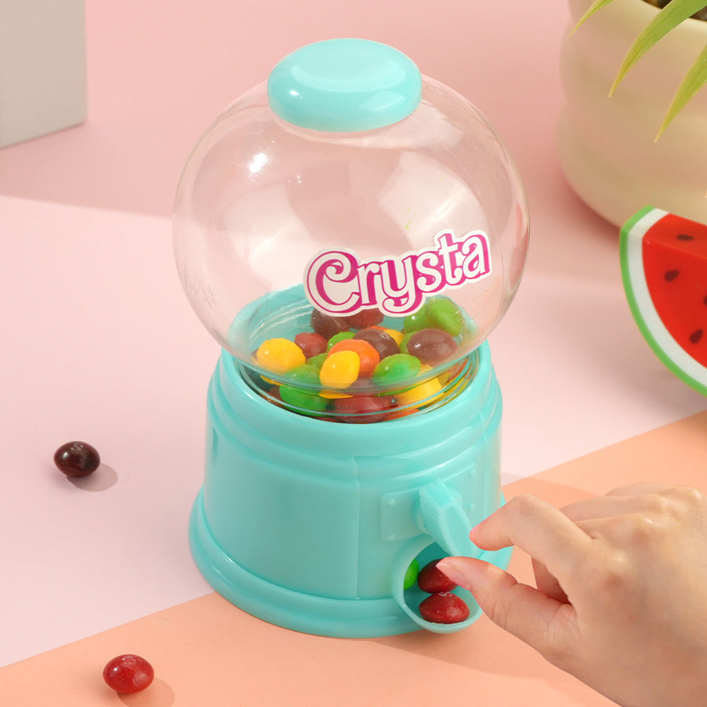 Selection of colourful personalised mini gashapon candy dispensers - custom name toy gifts and party bag favourites for children