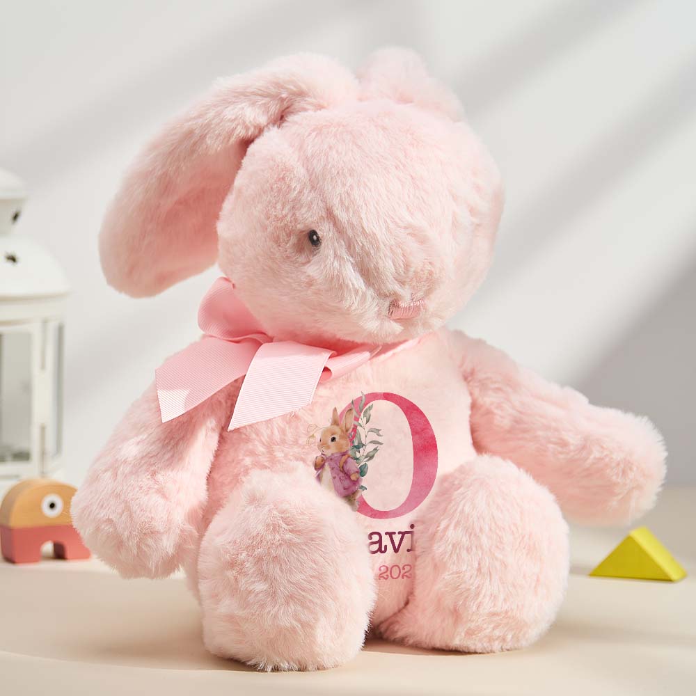 Cute cartoon-style personalised rabbit plush toy sitting in a nursery setting, custom name keepsake for newborns