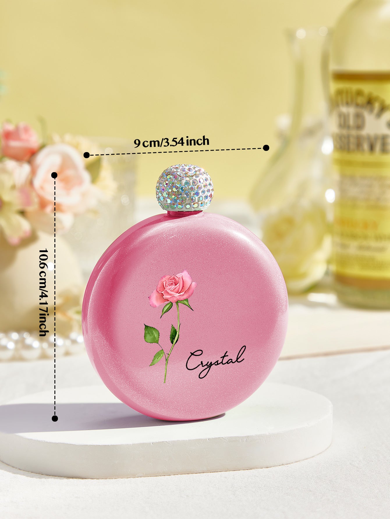 Personalised Birth Flower Round Flask with Name - 5oz Glitter Bridesmaid Gift