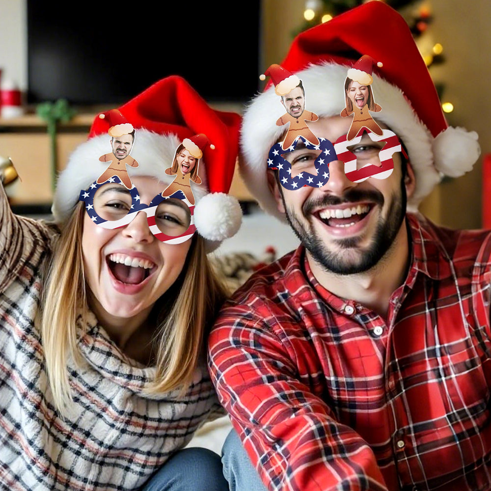 Star-shaped personalised Christmas photo glasses with custom image and colourful print – perfect for Christmas photo booth props