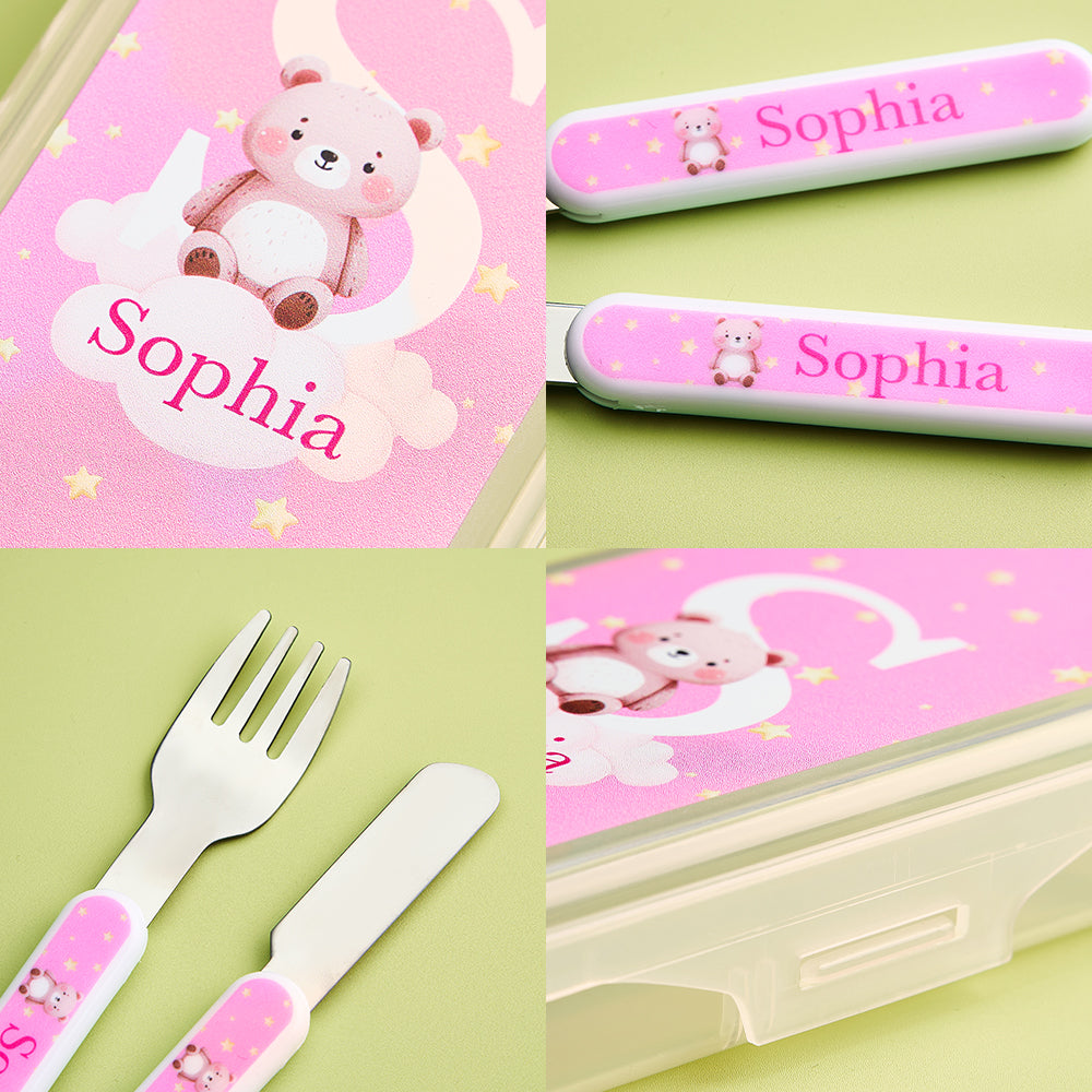 Compact storage case (15.9 cm x 7.9 cm) open to reveal personalised children's cutlery set – perfect for school lunches and picnics