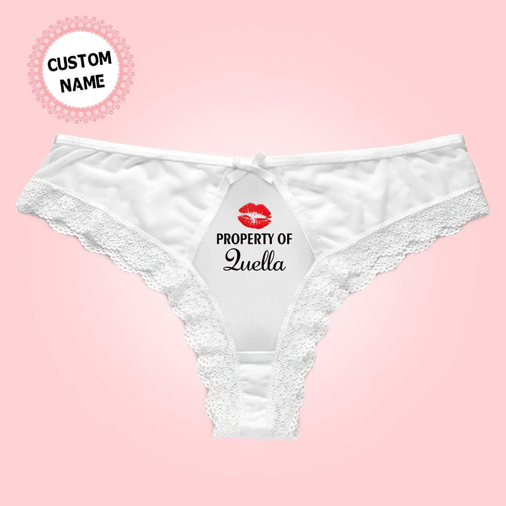 Personalised white lace thong (Custom Name Thong) front view showing soft modal fabric, delicate lace trim and elastic waistband — perfect personalised gift for Valentine’s or anniversaries