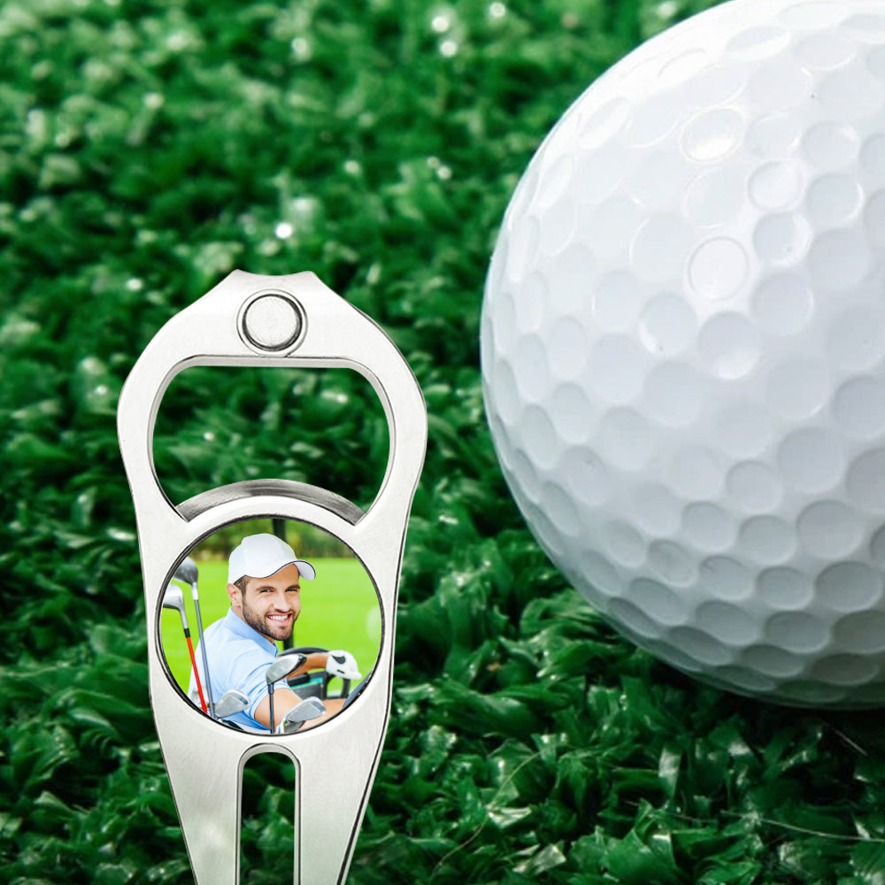 Personalised golf ball marker shown with scale to indicate compact 9 x 3.5 cm size – custom magnetic marker and bottle opener