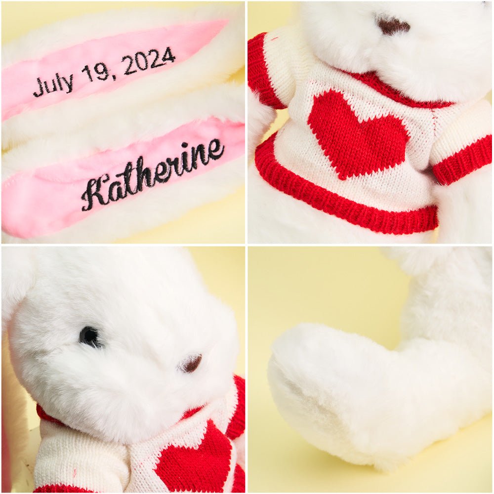 Side view of soft plush bunny in jumper showing huggable texture and floppy ears – nursery cuddle toy