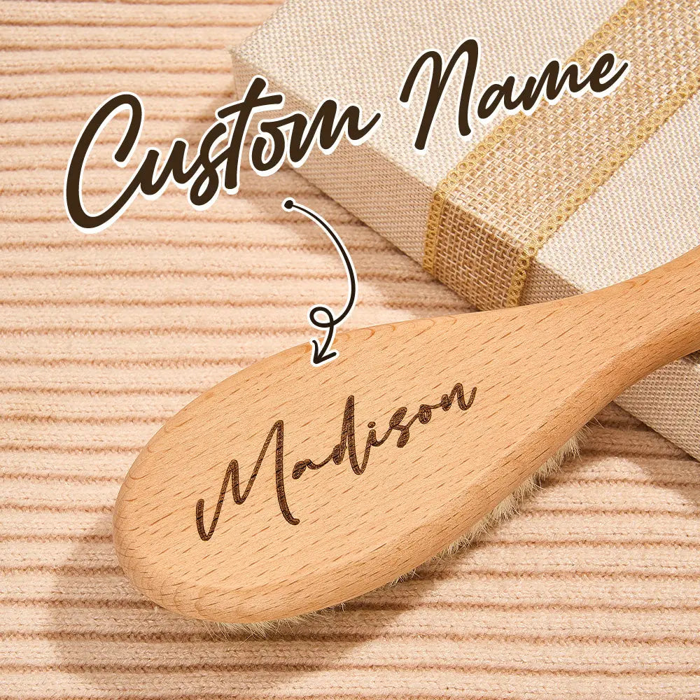 Personalised wooden baby hairbrush and comb set with engraved name — gentle newborn grooming set, ideal personalised baby shower gift