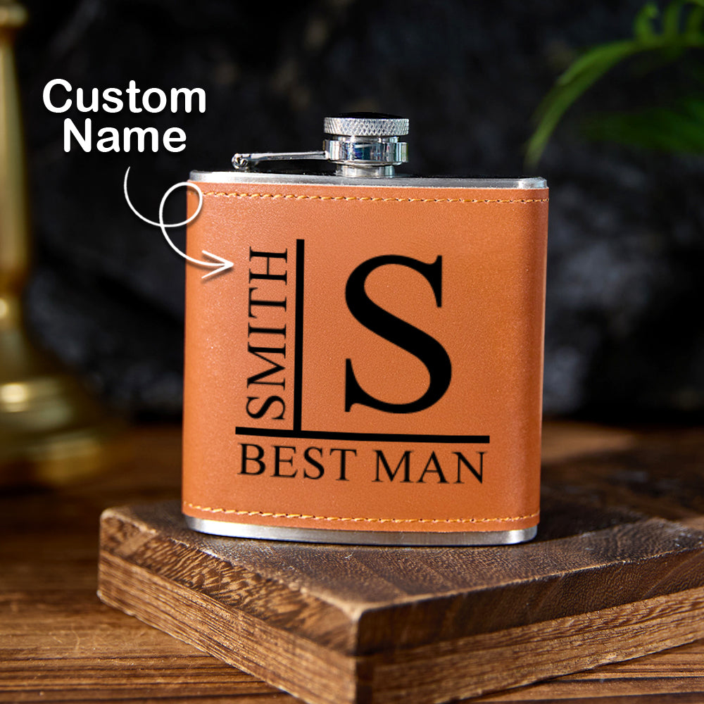 Front view of personalised name 6oz stainless steel whisky flask with brown PU leather wrap and engraved name - premium personalised gift for him