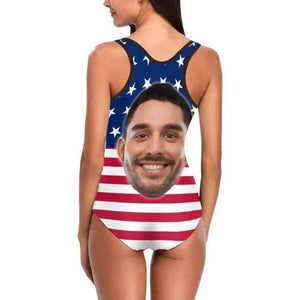 Custom American Flag Swimsuit With Boyfriend Face Women Swimsuit Face Bathing Suit