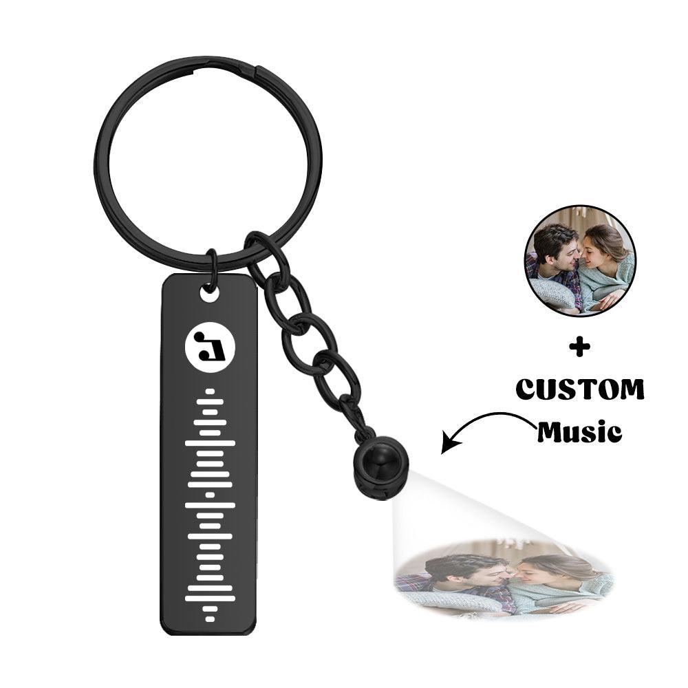 Personalised projection music code metal keychain with engraved plaque and photo projection sphere – custom song keyring gift