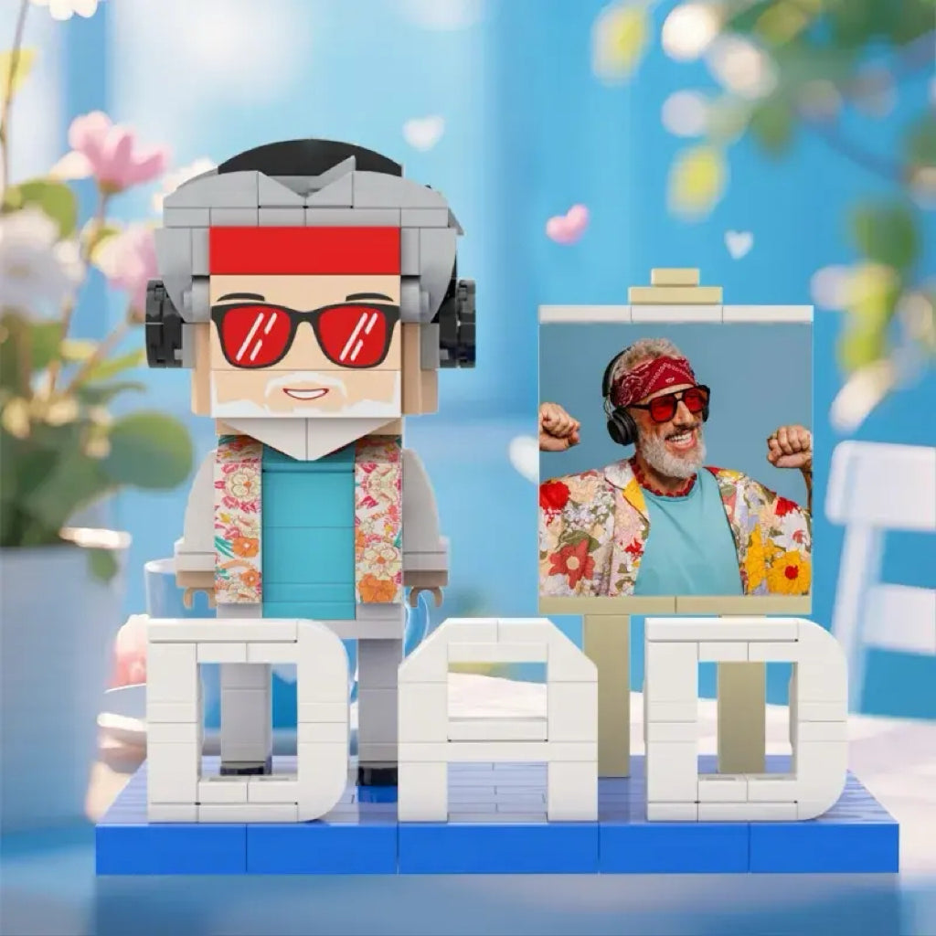 Example of custom text engraving on the figure base with name and short quote — add personalised wording to your Father’s Day building block figure