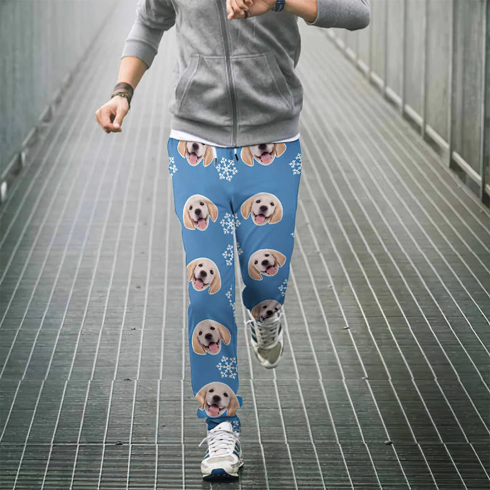 Side view of personalised dog face sweatpants showing relaxed leisure fit and tapered leg — ideal unisex joggers for spring to autumn