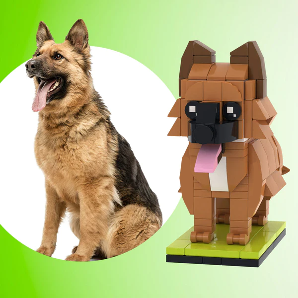 Front view of a personalised, customisable German Shepherd brick figure in small-particle block style, handcrafted to match your dog's fur colour and simple accessories