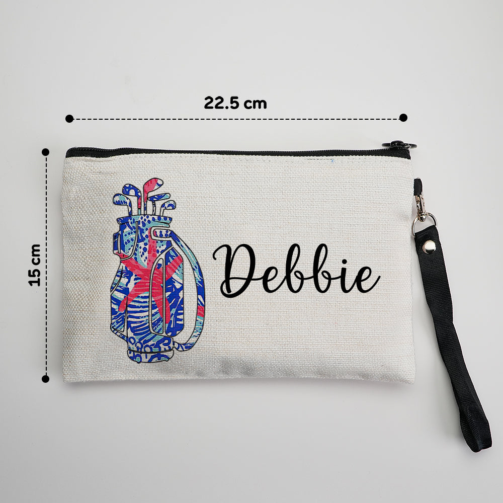 Close-up of custom name personalisation on golf-themed canvas cosmetics pouch — detail of personalised custom name makeup pouch