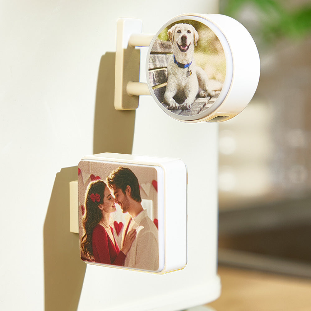 Two personalised fridge magnet designs (square and round) lit in low light — ideal custom photo gift for mum or wife