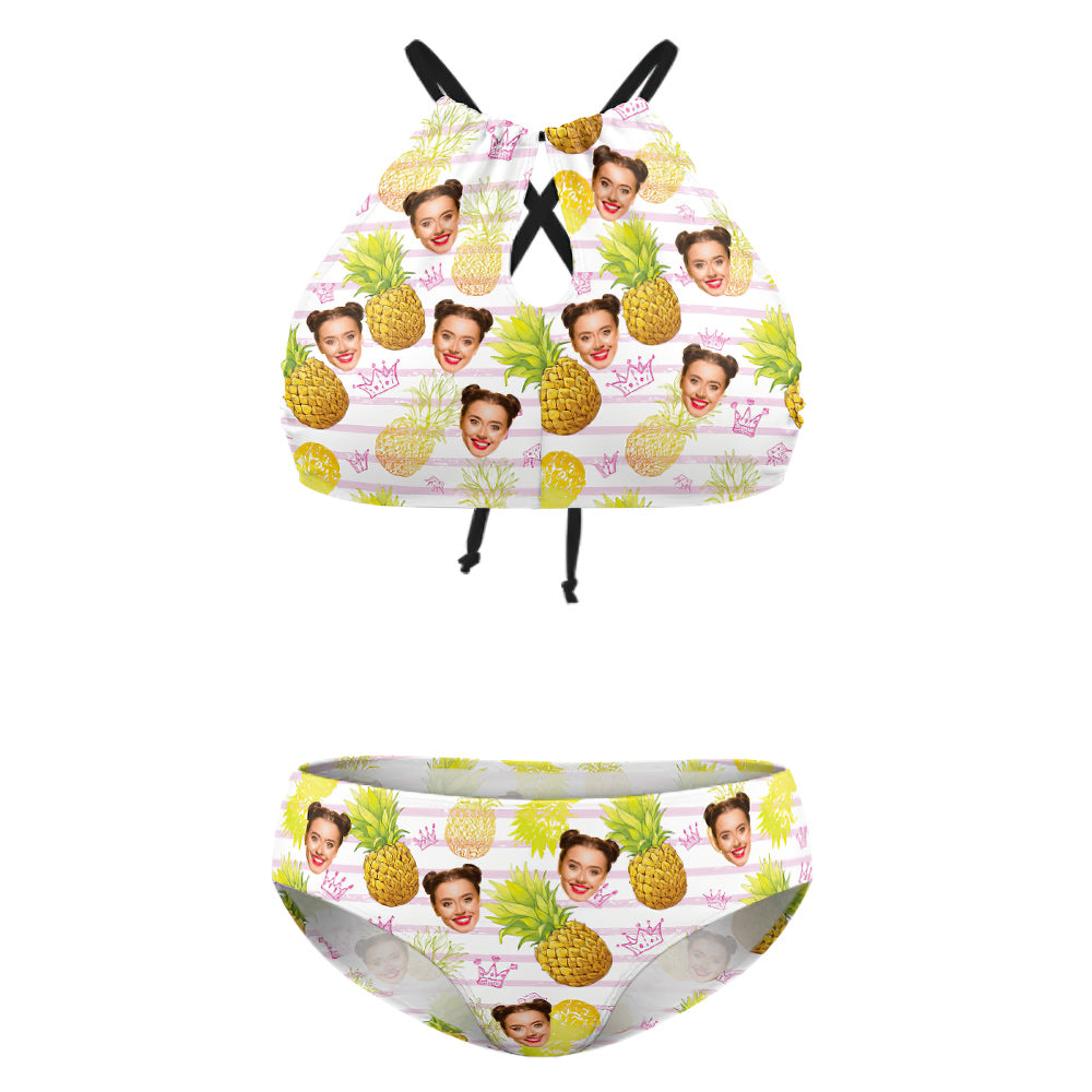 Close-up of custom photo heat-transfer print on personalised pineapple bikini — bright, fade-resistant print on stretchy polyester-spandex fabric