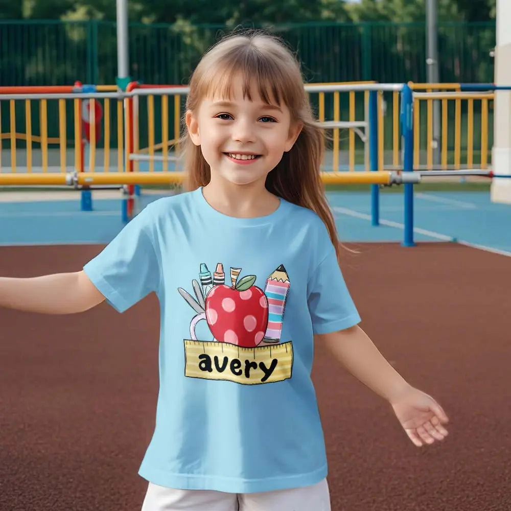 Multiple colour options of personalised back to school T-shirt displayed side by side for easy selection