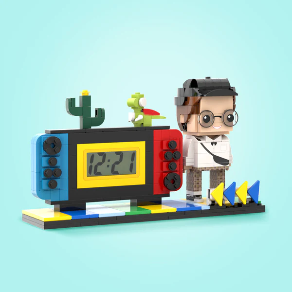 Collection of personalised brick figure clocks showing different customised characters and hairstyles — ideal personalised gifts for teens, family and collectors