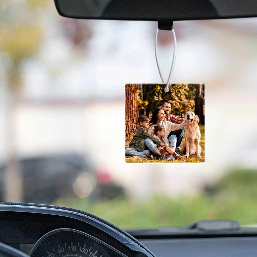 Showcasing the two shapes: rectangle and square car air fresheners for personalised photos.