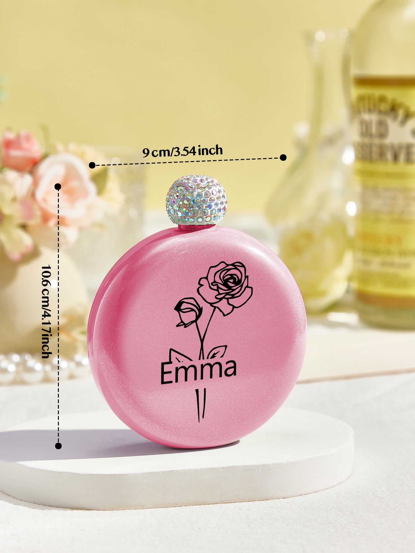 Personalised Birth Flower Name Glitter Flask - 5oz Engraved Gift for Her