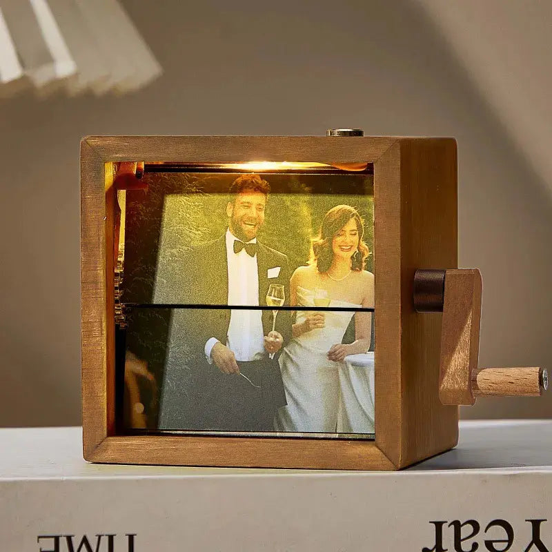 Compact tabletop personalised flipbook frame with dimensions 8.8 × 8.8 × 7.5 cm for bespoke anniversary and wedding keepsakes