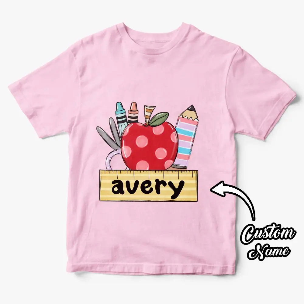 Flat lay of personalised back to school shirt with customisation options for name and message