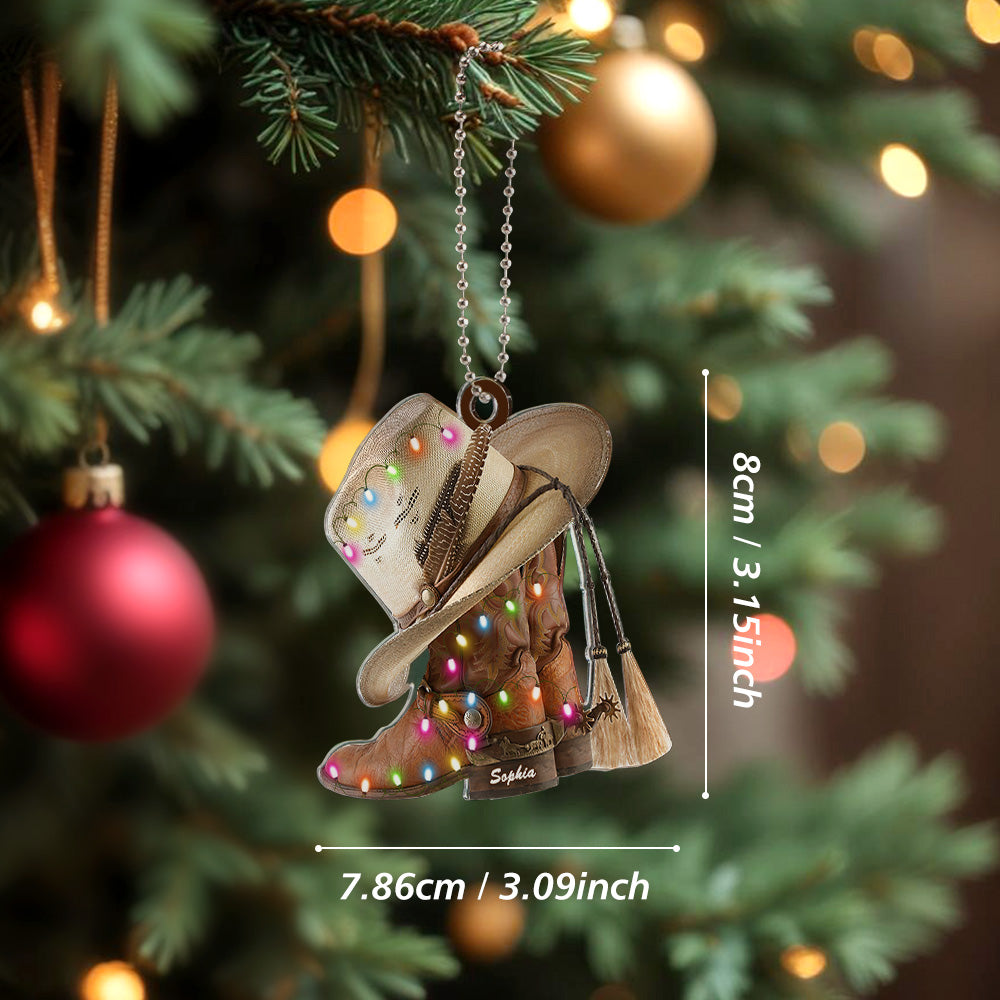 Close-up of the high-quality acrylic material and colour on the personalised cowboy ornament.