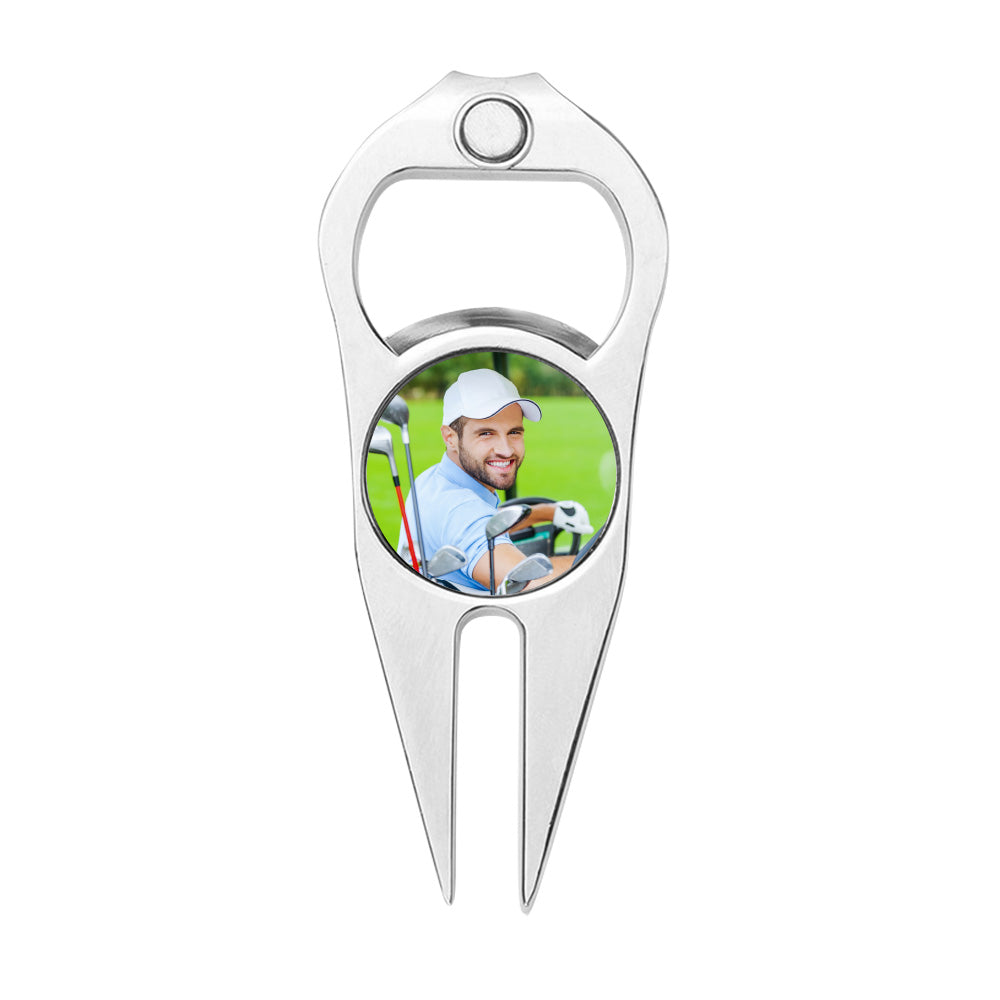 Custom magnetic golf marker available in black or white – personalised photo golf ball marker and bottle opener for golfers