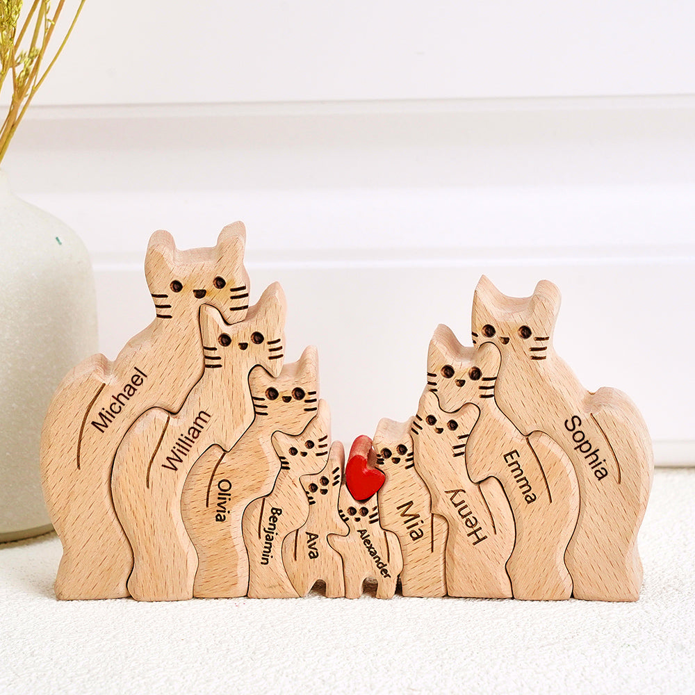 Assembled Whiskered Wonder wooden cat puzzle shown on a desk as a decorative and educational jigsaw
