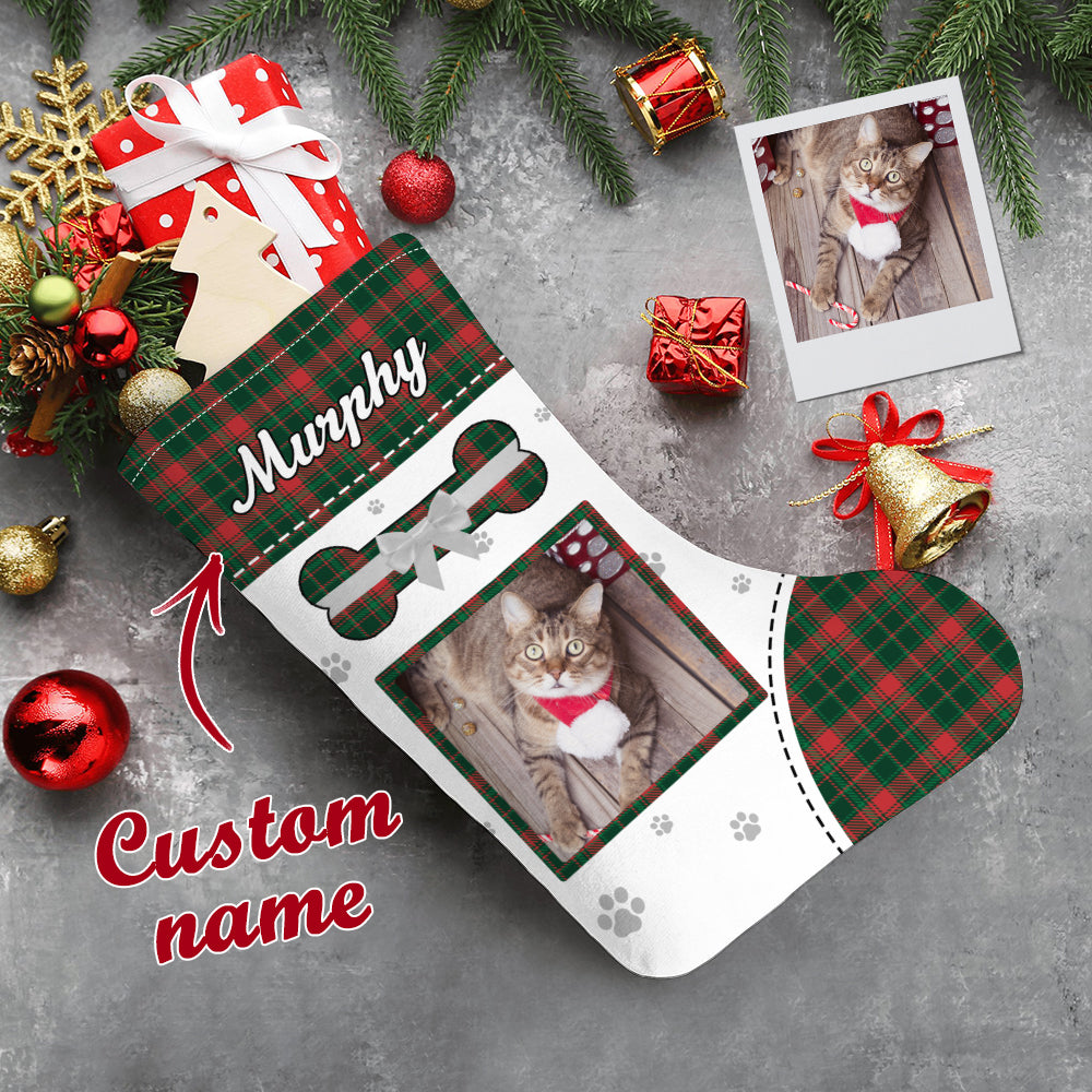 Velvet personalised pet photo Christmas stocking with custom name and text, close-up showing a printed dog portrait and festive design