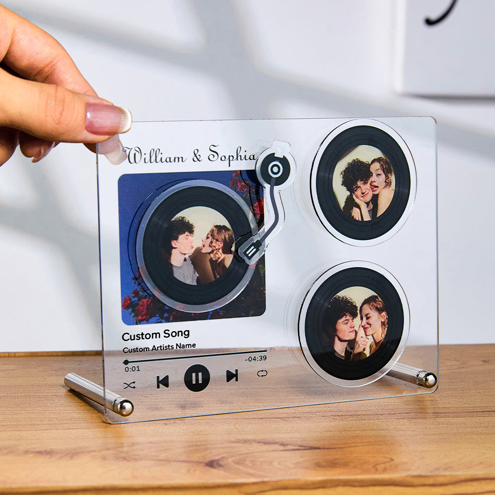 Rotatable photo display with NFC-enabled music plaque