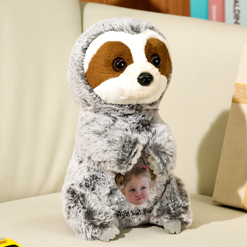 Personalised sloth plush showing customised text on the belly as an example, perfect baby shower or birthday gift for kids
